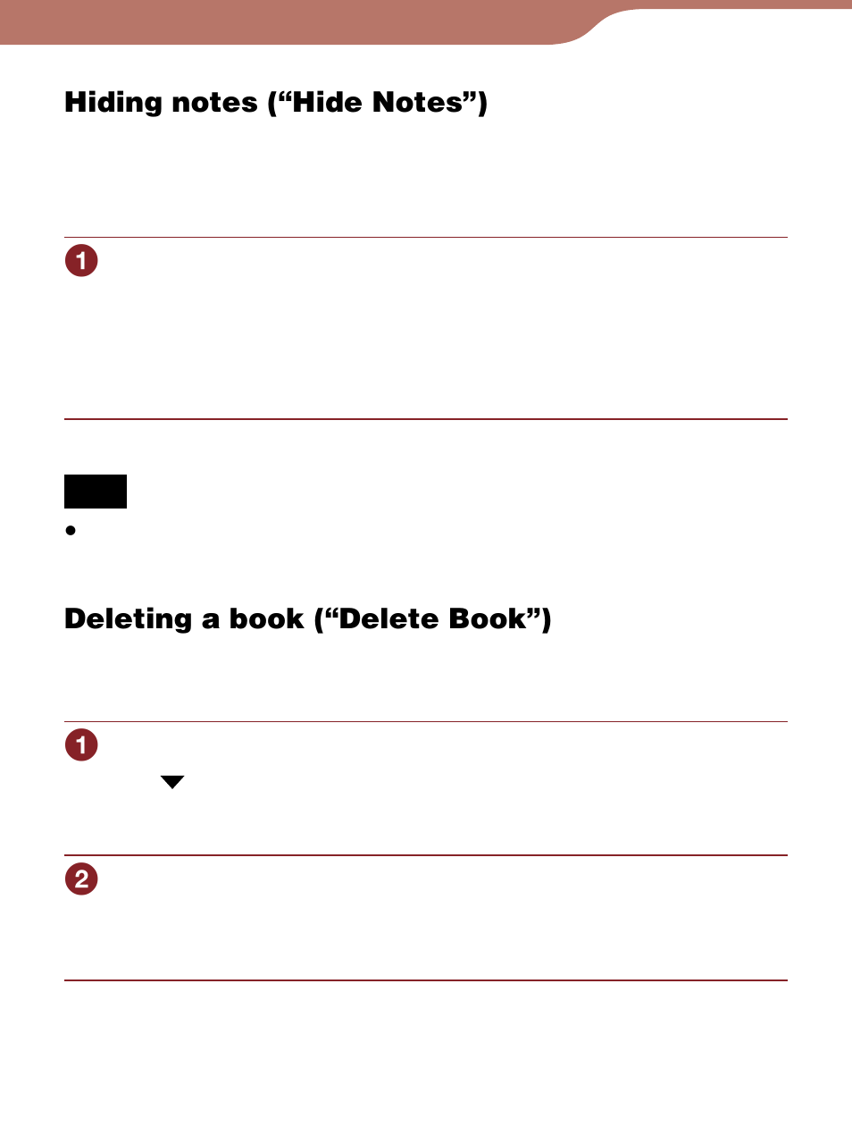 Hiding notes (“hide notes”), Deleting a book (“delete book”), Y books on the reader | Deletes a book | Sony Reader 4-153-621-14(1) User Manual | Page 112 / 190