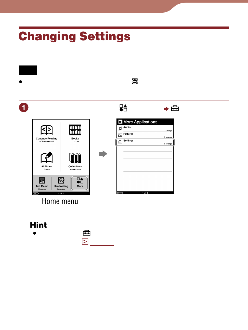 Settings, Changing settings | Sony Reader 4-153-621-14(1) User Manual | Page 139 / 190
