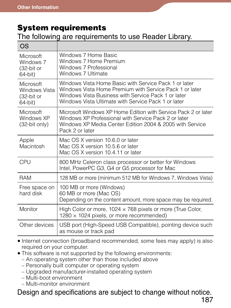 System requirements | Sony Reader 4-153-621-14(1) User Manual | Page 187 / 190