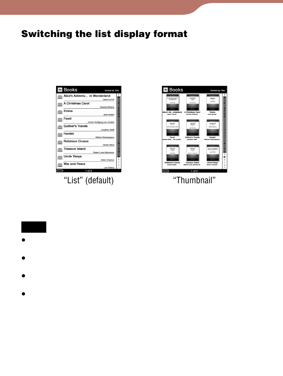 Switching the list display format | Sony Reader 4-153-621-14(1) User Manual | Page 61 / 190