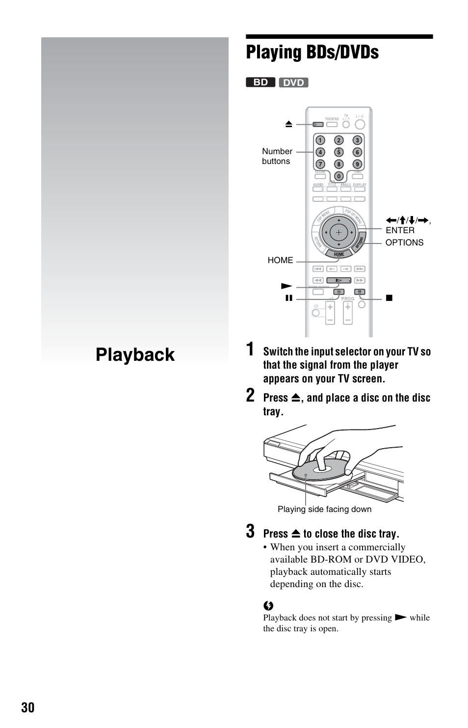 Playback, Playing bds/dvds, Playback playing bds/dvds 1 | Sony 4-120-891-11(1) User Manual | Page 30 / 71