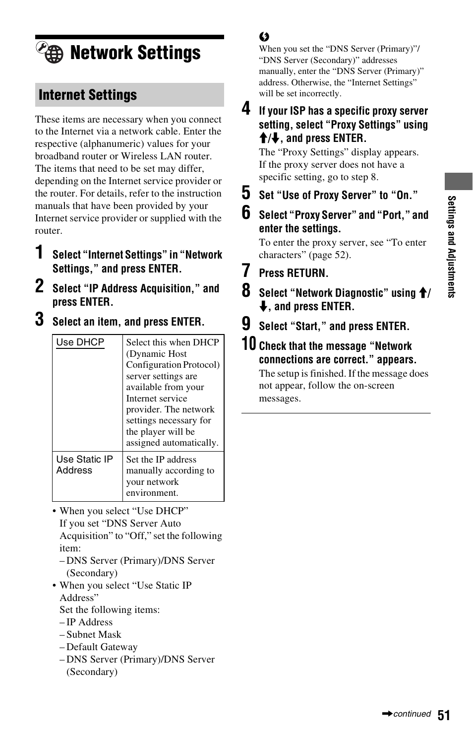 Network settings, Internet settings | Sony 4-120-891-11(1) User Manual | Page 51 / 71