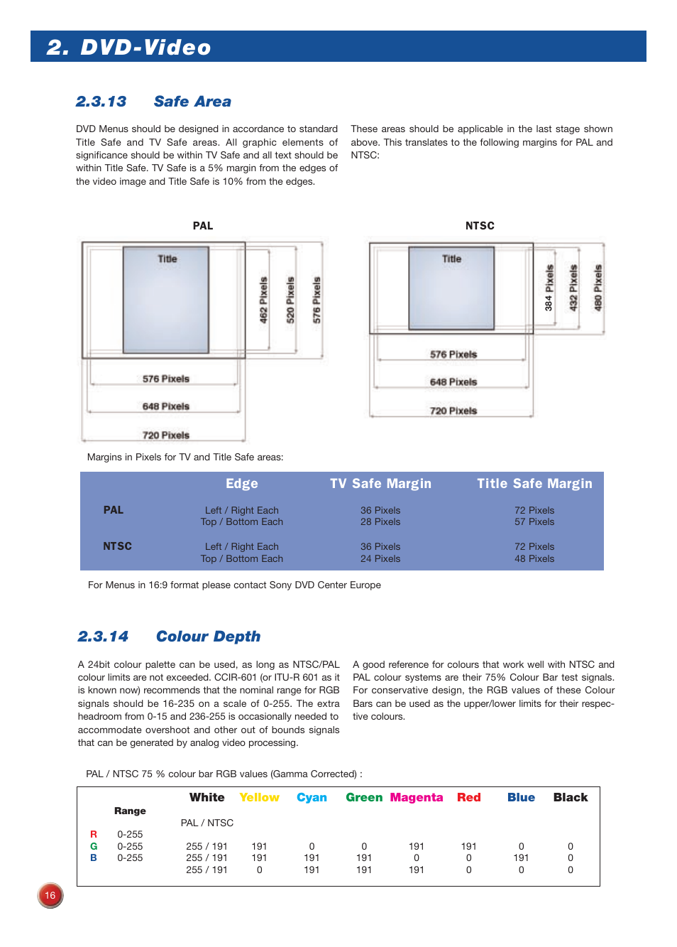Dvd-video, 14 colour depth, 13 safe area | Sony DVD Rom/DVD Video User Manual | Page 16 / 54