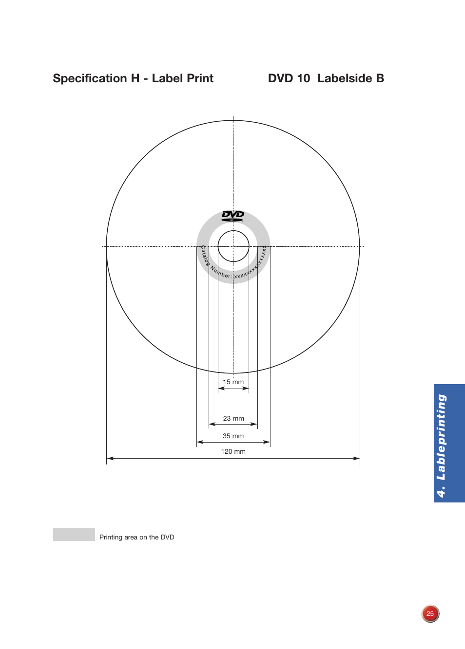 Specification h - label print dvd 10 labelside b, Lableprinting | Sony DVD Rom/DVD Video User Manual | Page 25 / 54