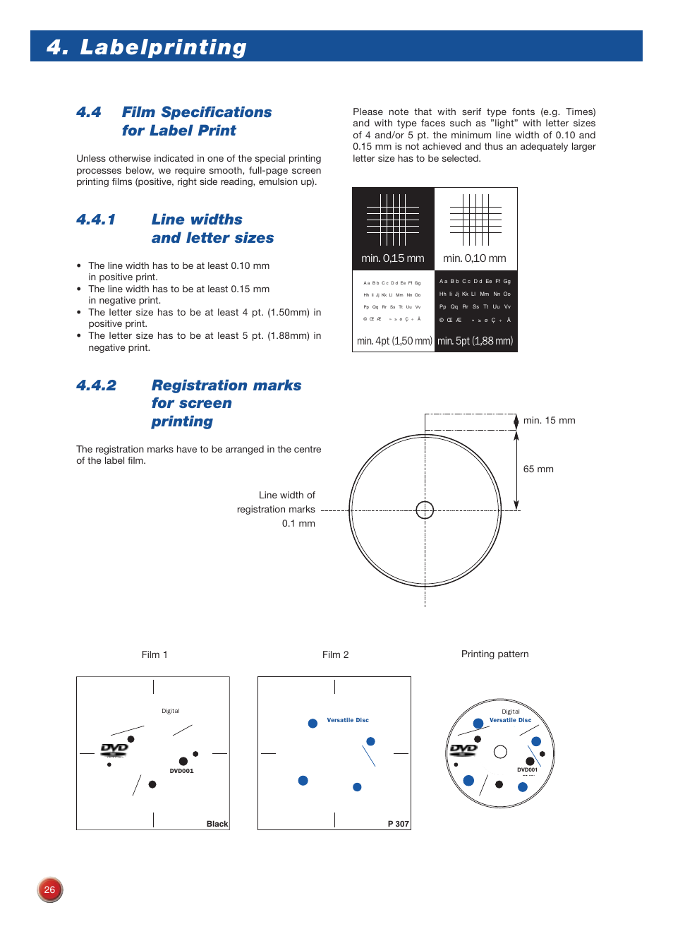 Labelprinting, 4 film specifications for label print, 1 line widths and letter sizes | 2 registration marks for screen printing | Sony DVD Rom/DVD Video User Manual | Page 26 / 54