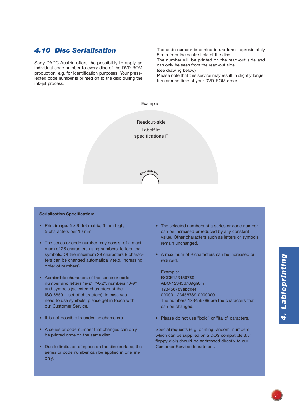 Lableprinting, 10 disc serialisation | Sony DVD Rom/DVD Video User Manual | Page 31 / 54