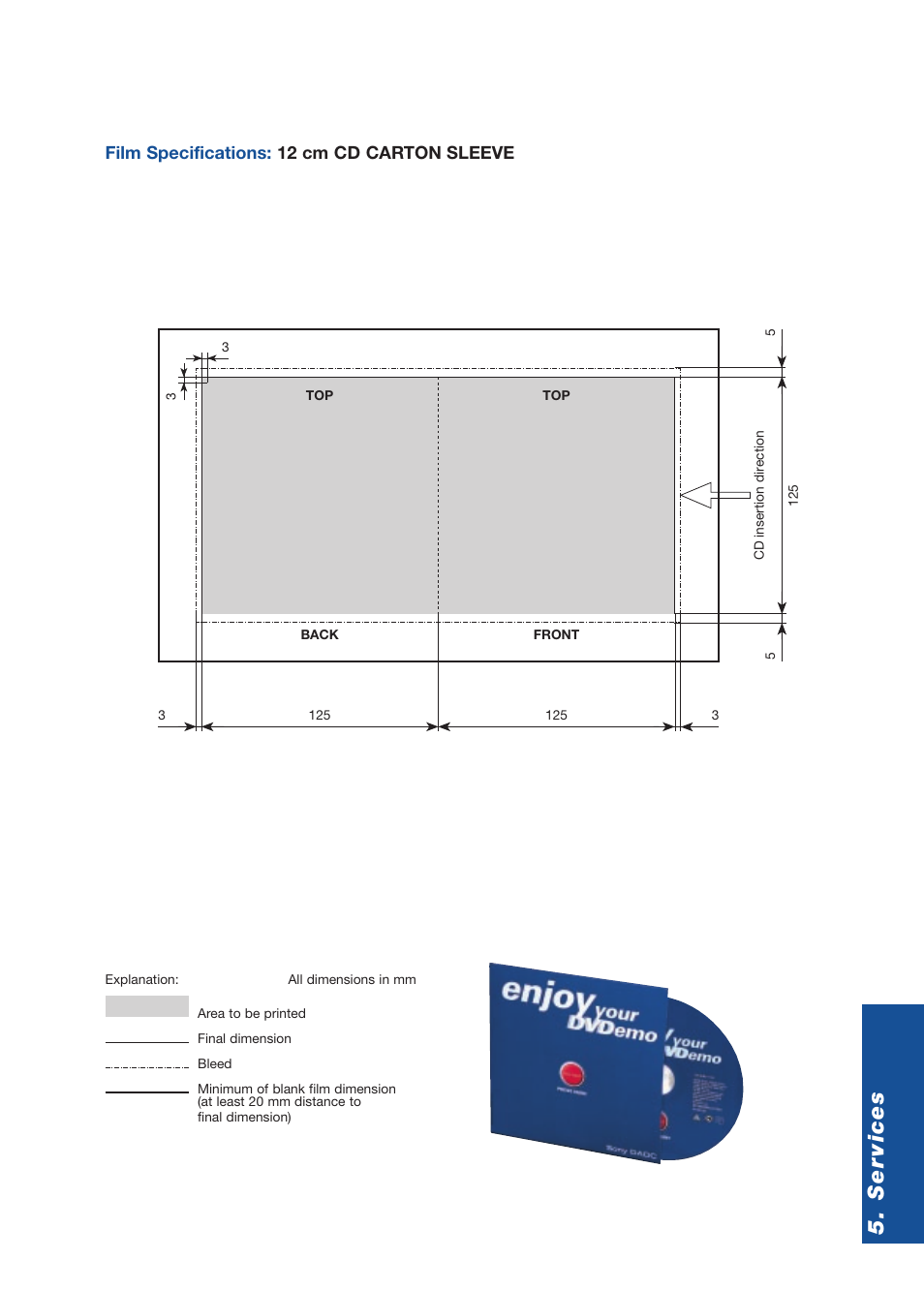 Ser vices, Film specifications: 12 cm cd carton sleeve | Sony DVD Rom/DVD Video User Manual | Page 43 / 54