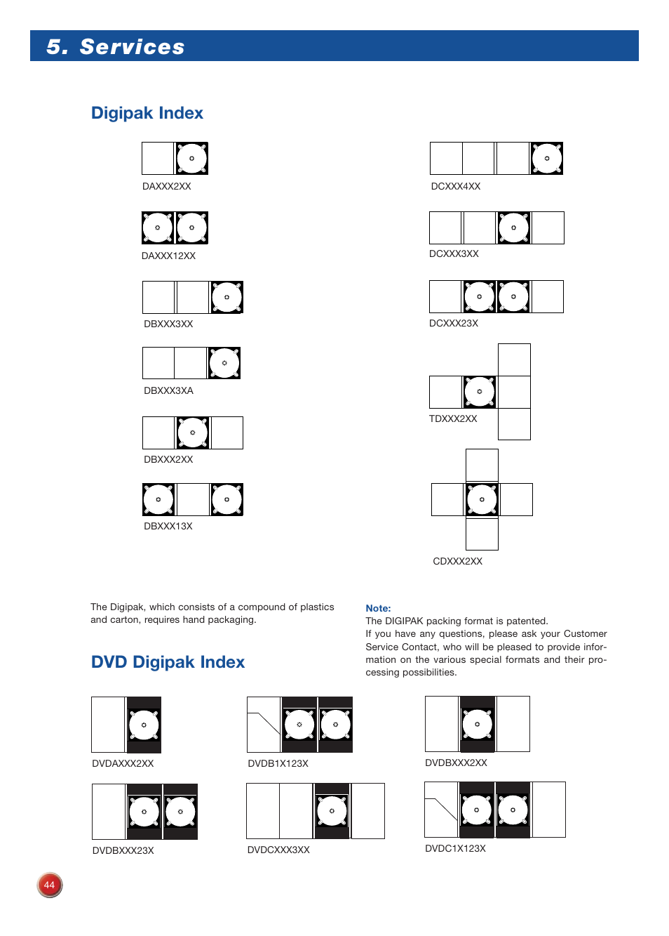 Services, Digipak index, Dvd digipak index | Sony DVD Rom/DVD Video User Manual | Page 44 / 54
