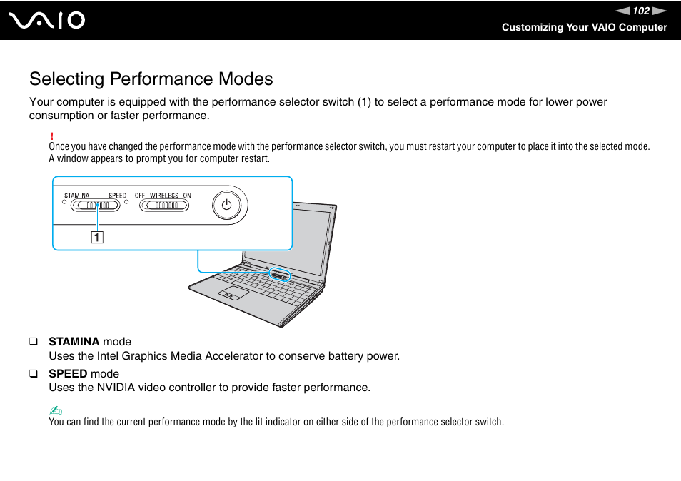Selecting performance modes | Sony VAIO VGN-SZ600 User Manual | Page 102 / 216
