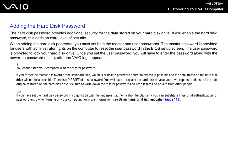 Adding the hard disk password | Sony VAIO VGN-SZ600 User Manual | Page 106 / 216