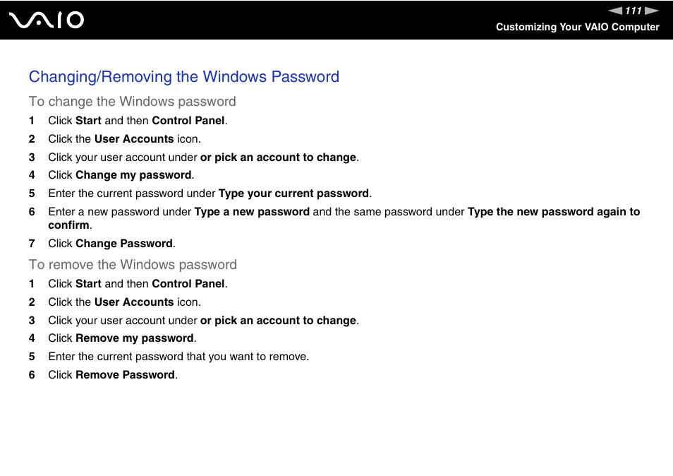 Changing/removing the windows password | Sony VAIO VGN-SZ600 User Manual | Page 111 / 216