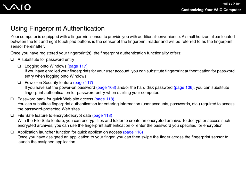 Using fingerprint authentication | Sony VAIO VGN-SZ600 User Manual | Page 112 / 216