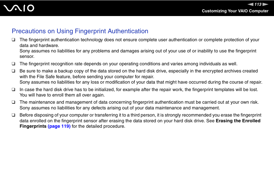 Precautions on using fingerprint authentication | Sony VAIO VGN-SZ600 User Manual | Page 113 / 216