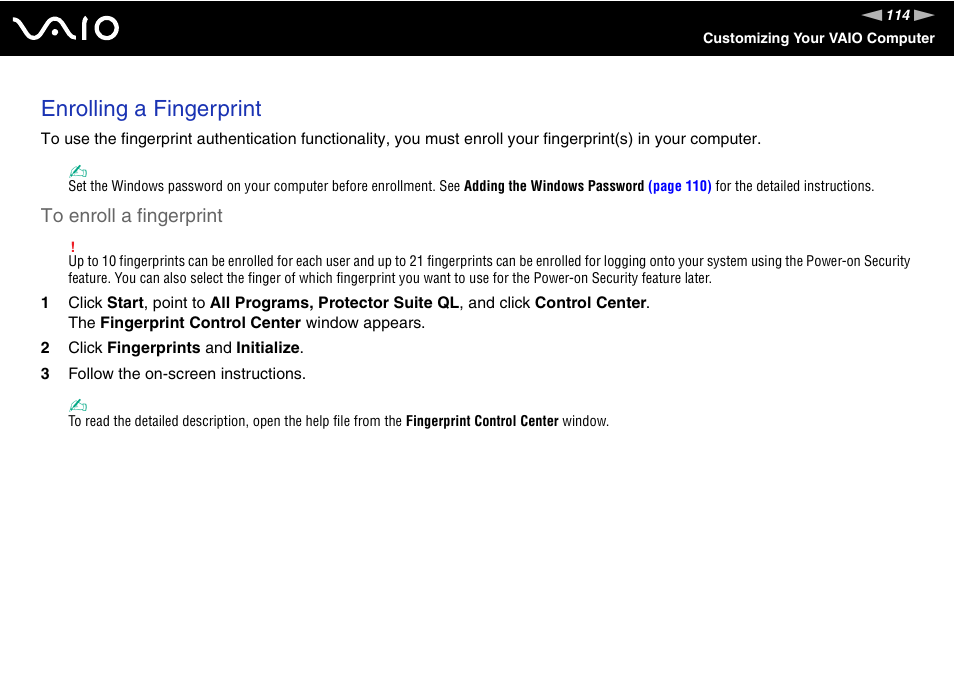 Enrolling a fingerprint | Sony VAIO VGN-SZ600 User Manual | Page 114 / 216