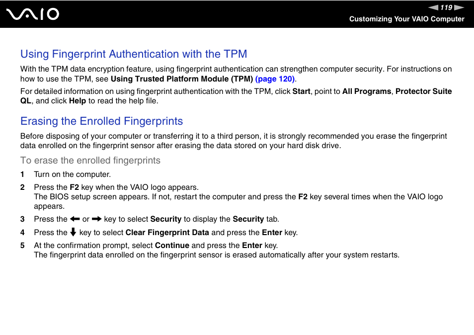 Using fingerprint authentication with the tpm, Erasing the enrolled fingerprints | Sony VAIO VGN-SZ600 User Manual | Page 119 / 216