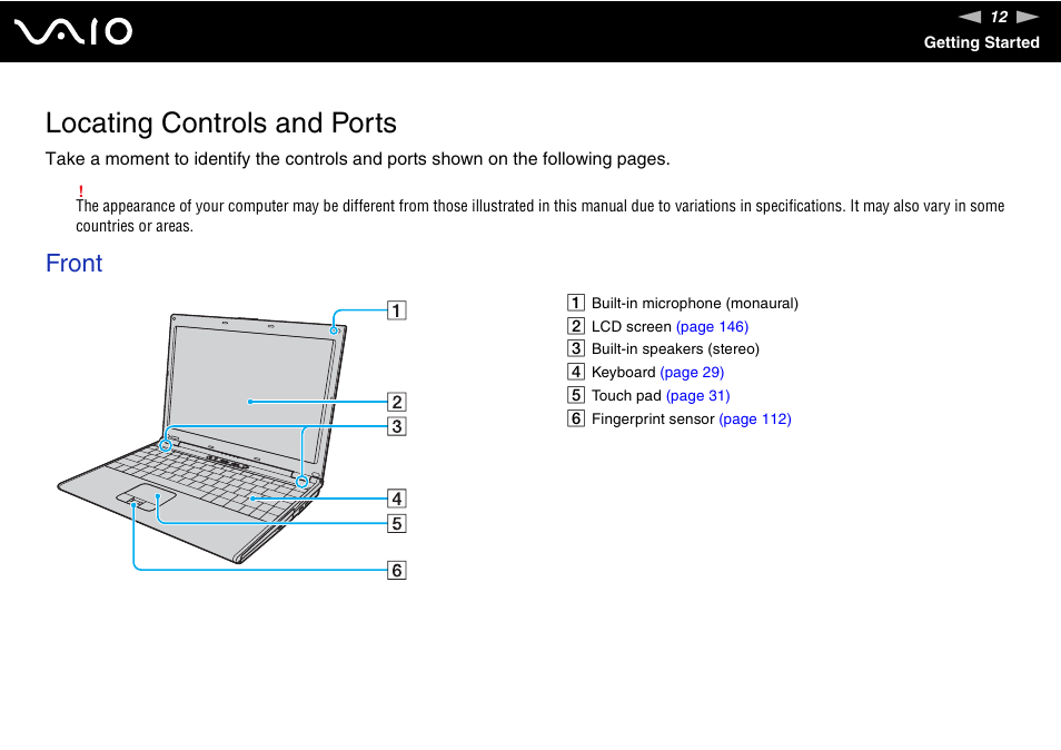 Locating controls and ports, Front | Sony VAIO VGN-SZ600 User Manual | Page 12 / 216