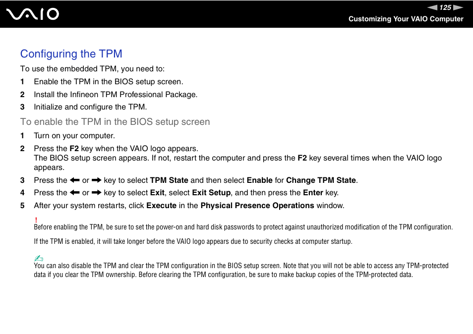 Configuring the tpm | Sony VAIO VGN-SZ600 User Manual | Page 125 / 216