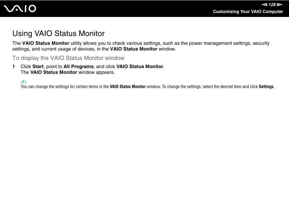 Using vaio status monitor | Sony VAIO VGN-SZ600 User Manual | Page 128 / 216