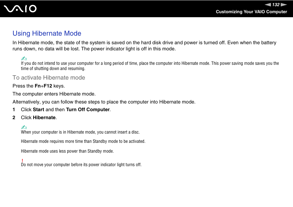 Using hibernate mode | Sony VAIO VGN-SZ600 User Manual | Page 132 / 216