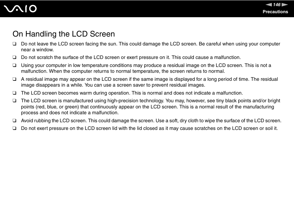 On handling the lcd screen | Sony VAIO VGN-SZ600 User Manual | Page 146 / 216