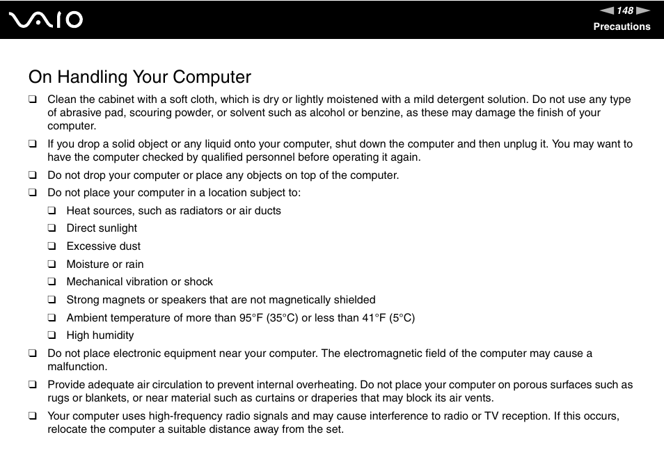 On handling your computer | Sony VAIO VGN-SZ600 User Manual | Page 148 / 216