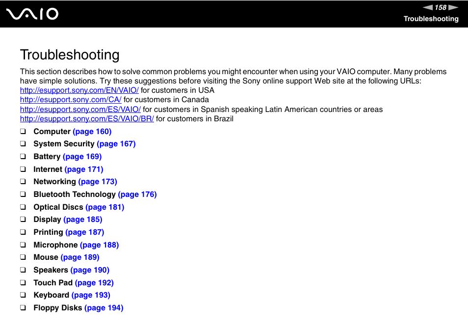 Troubleshooting | Sony VAIO VGN-SZ600 User Manual | Page 158 / 216