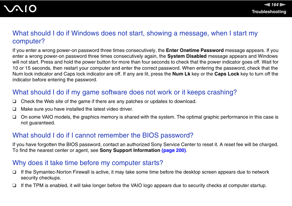 Why does it take time before my computer starts | Sony VAIO VGN-SZ600 User Manual | Page 164 / 216