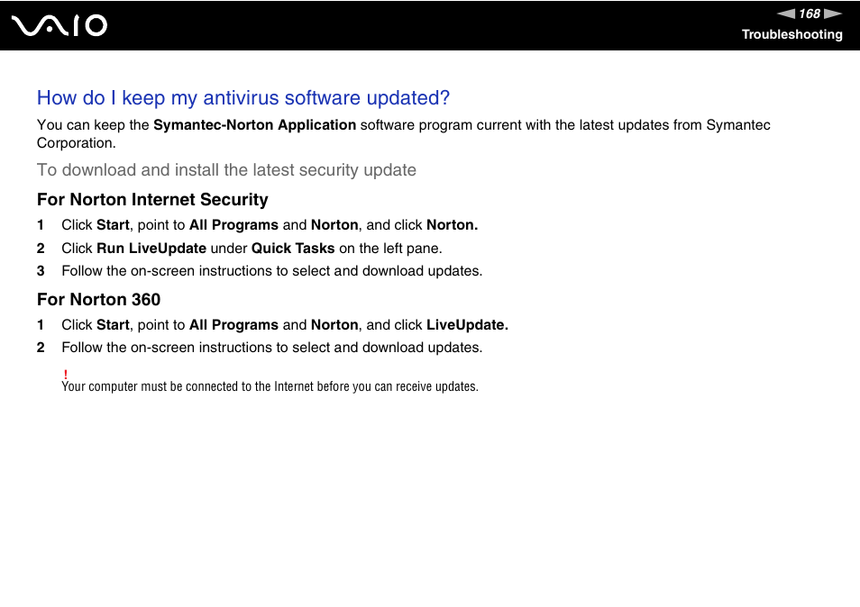 How do i keep my antivirus software updated, For norton 360 | Sony VAIO VGN-SZ600 User Manual | Page 168 / 216