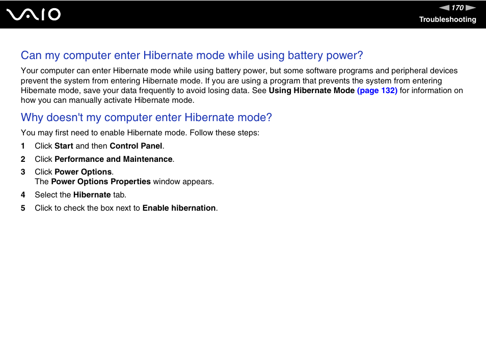 Why doesn't my computer enter hibernate mode | Sony VAIO VGN-SZ600 User Manual | Page 170 / 216