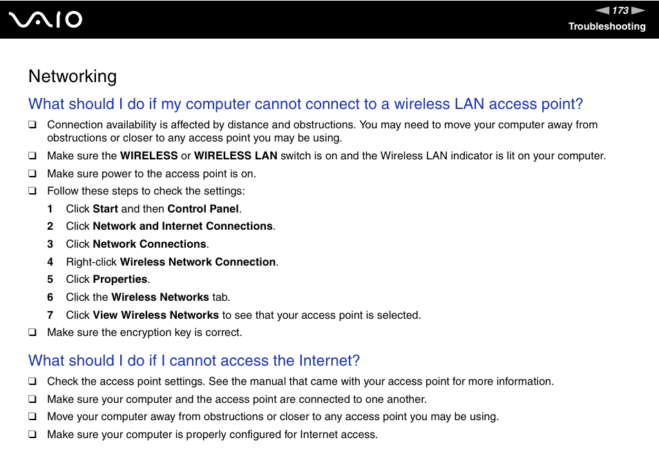 Networking, What should i do if i cannot access the internet | Sony VAIO VGN-SZ600 User Manual | Page 173 / 216