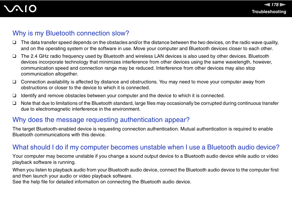 Why is my bluetooth connection slow | Sony VAIO VGN-SZ600 User Manual | Page 178 / 216