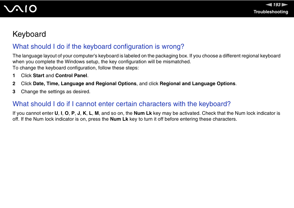 Keyboard | Sony VAIO VGN-SZ600 User Manual | Page 193 / 216