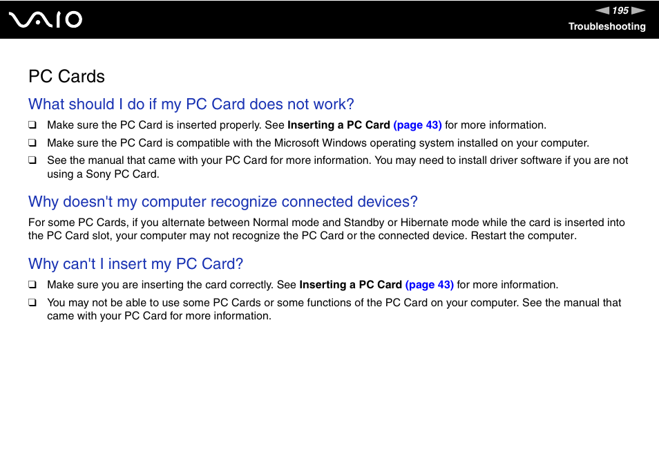 Pc cards, What should i do if my pc card does not work, Why can't i insert my pc card | Sony VAIO VGN-SZ600 User Manual | Page 195 / 216