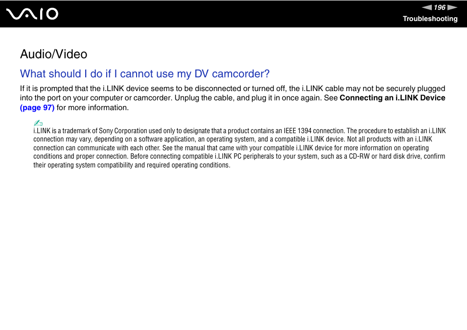 Audio/video, What should i do if i cannot use my dv camcorder | Sony VAIO VGN-SZ600 User Manual | Page 196 / 216