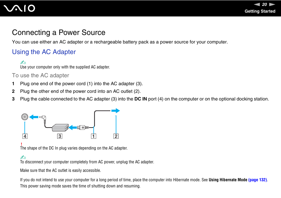 Connecting a power source, Using the ac adapter | Sony VAIO VGN-SZ600 User Manual | Page 20 / 216