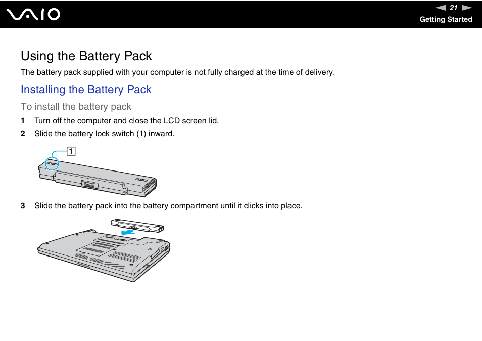 Using the battery pack, Installing the battery pack | Sony VAIO VGN-SZ600 User Manual | Page 21 / 216