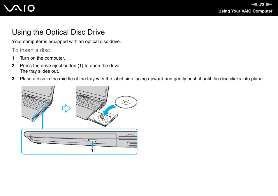 Using the optical disc drive | Sony VAIO VGN-SZ600 User Manual | Page 33 / 216