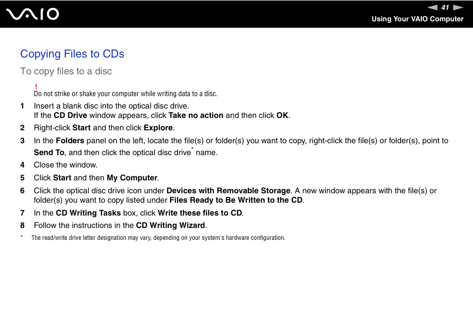 Copying files to cds | Sony VAIO VGN-SZ600 User Manual | Page 41 / 216