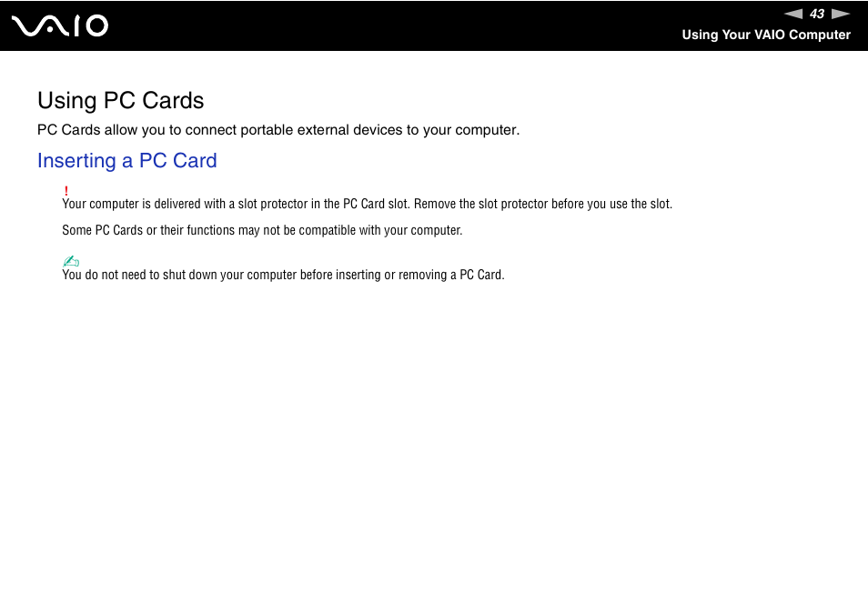 Using pc cards, Inserting a pc card | Sony VAIO VGN-SZ600 User Manual | Page 43 / 216