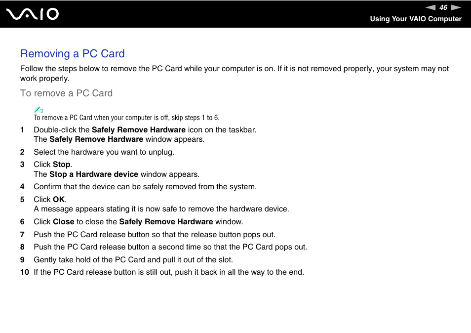 Removing a pc card | Sony VAIO VGN-SZ600 User Manual | Page 46 / 216