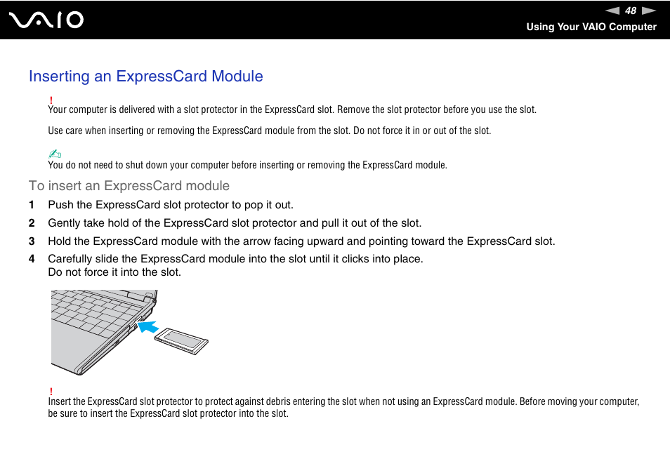 Inserting an expresscard module | Sony VAIO VGN-SZ600 User Manual | Page 48 / 216