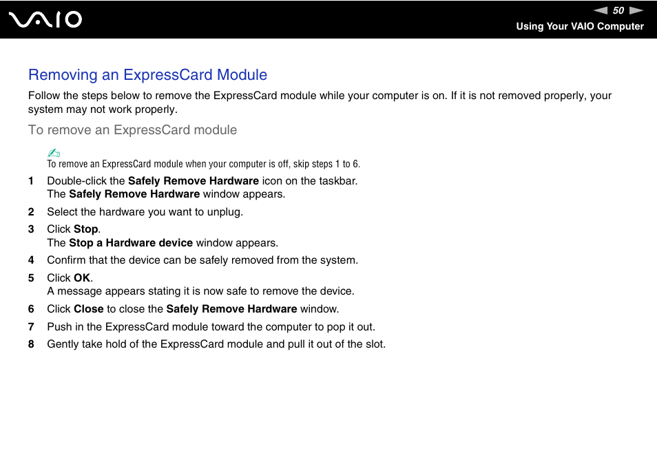 Removing an expresscard module | Sony VAIO VGN-SZ600 User Manual | Page 50 / 216