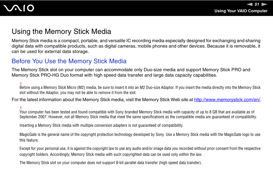 Using the memory stick media | Sony VAIO VGN-SZ600 User Manual | Page 51 / 216