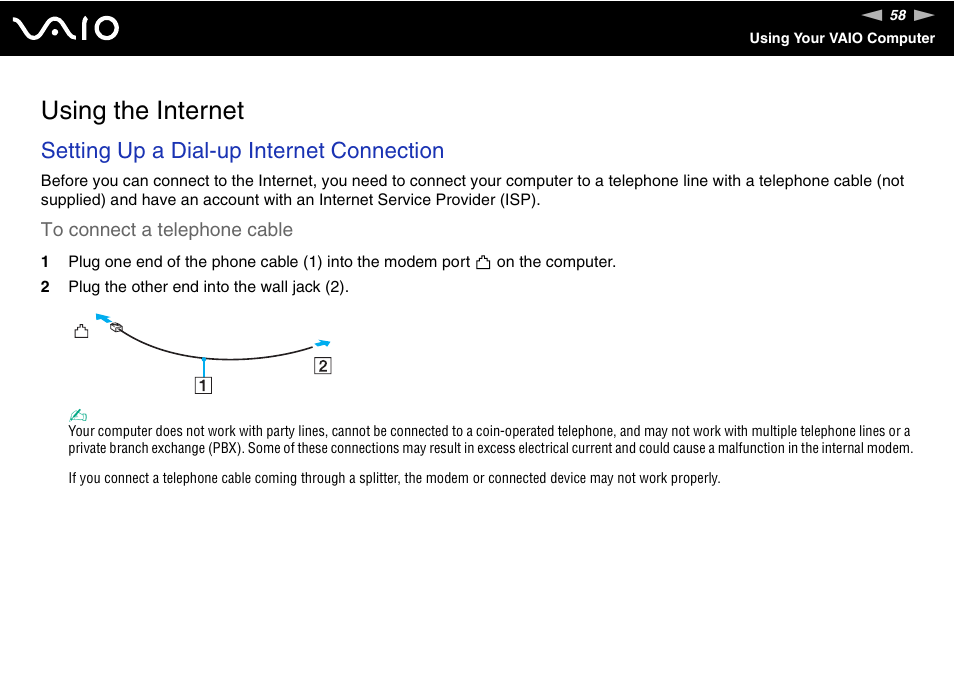 Using the internet, Setting up a dial-up internet connection | Sony VAIO VGN-SZ600 User Manual | Page 58 / 216