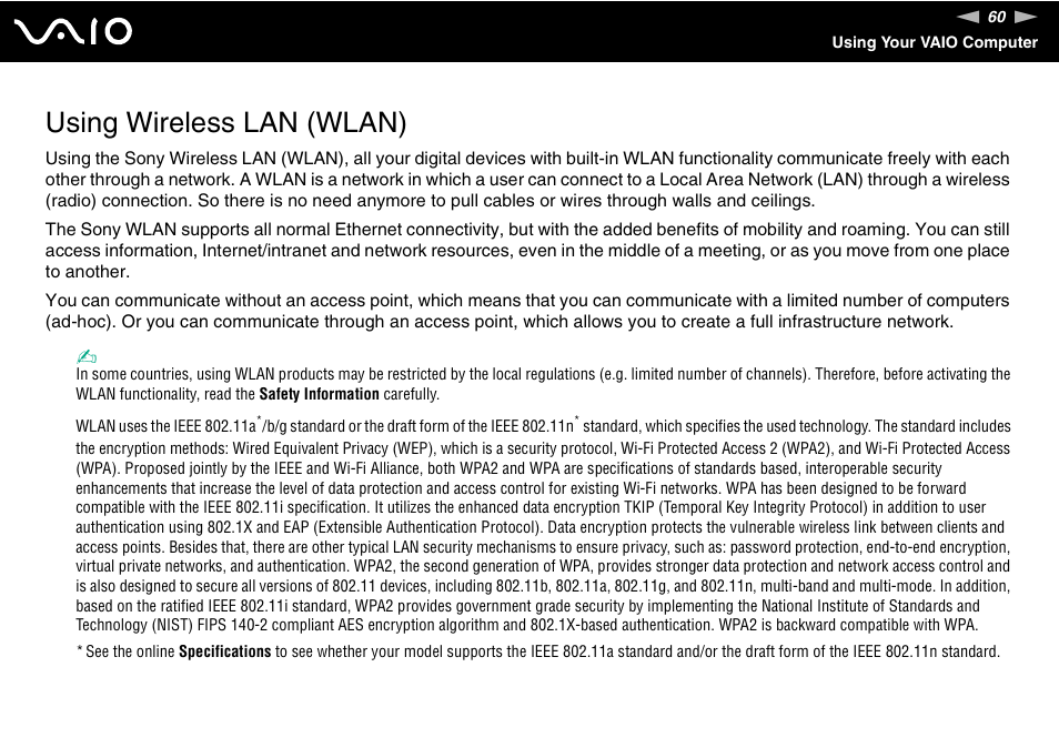 Using wireless lan (wlan), Lan) | Sony VAIO VGN-SZ600 User Manual | Page 60 / 216