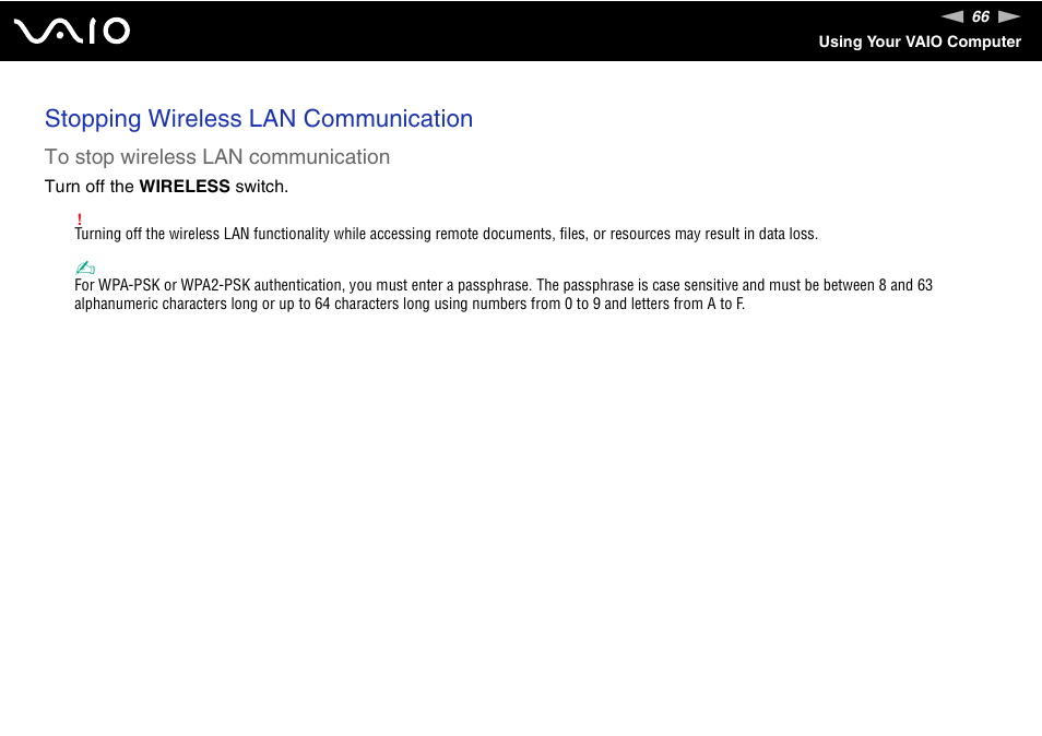 Stopping wireless lan communication | Sony VAIO VGN-SZ600 User Manual | Page 66 / 216