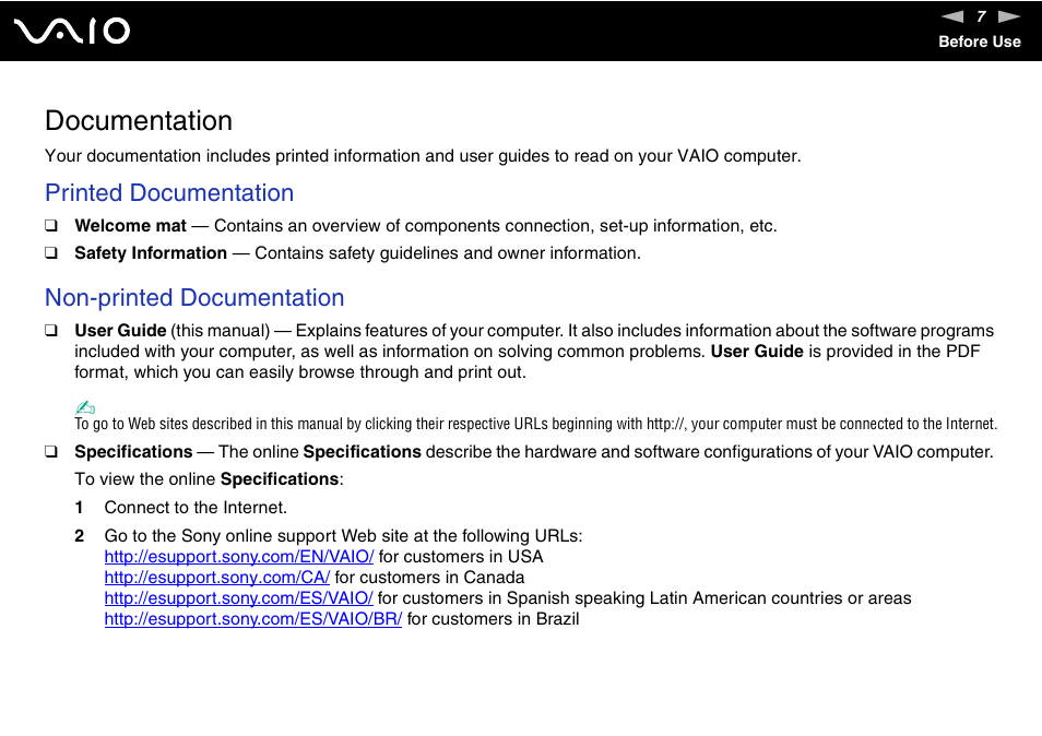 Documentation, Printed documentation, Non-printed documentation | Sony VAIO VGN-SZ600 User Manual | Page 7 / 216