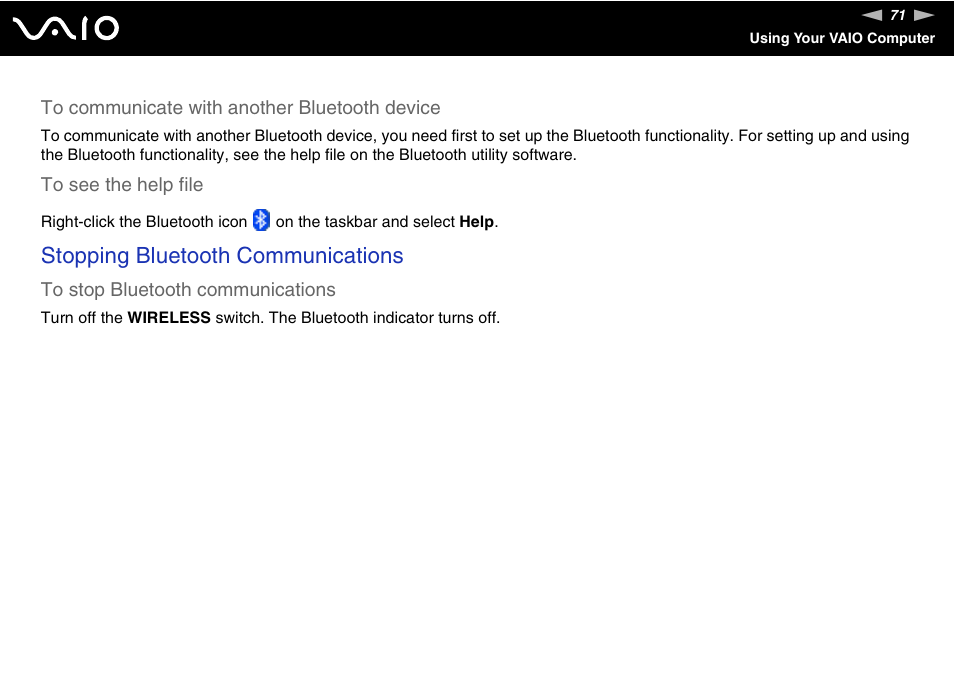 Stopping bluetooth communications | Sony VAIO VGN-SZ600 User Manual | Page 71 / 216