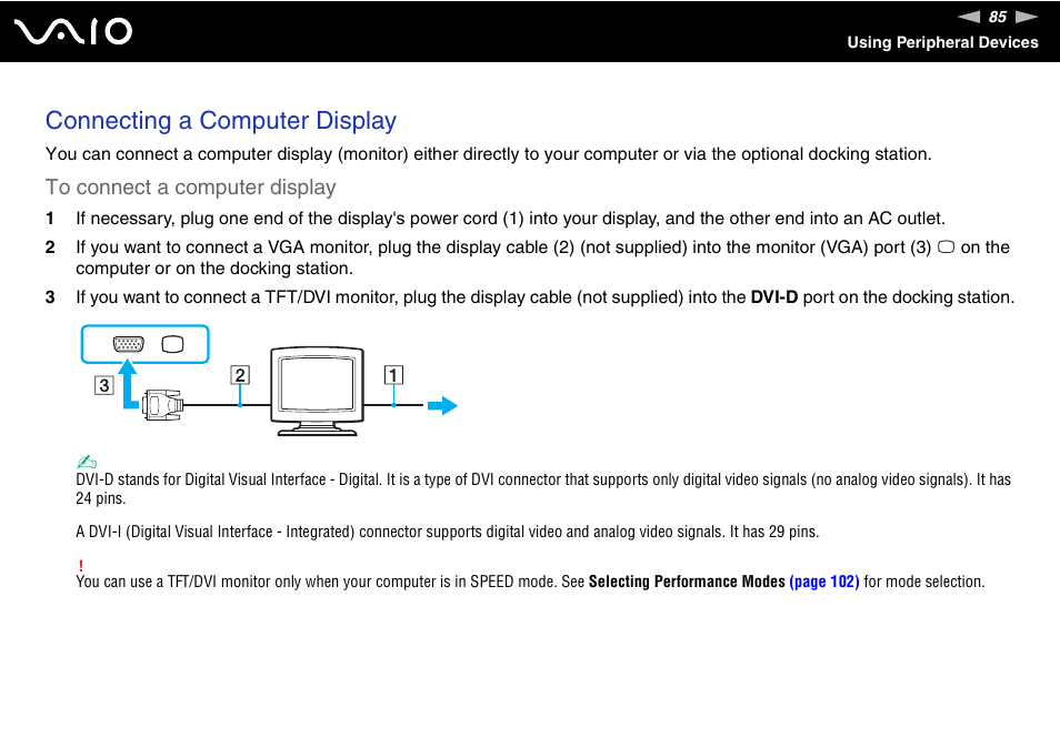 Connecting a computer display | Sony VAIO VGN-SZ600 User Manual | Page 85 / 216