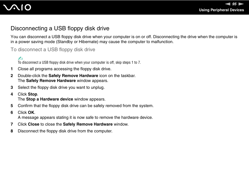 Disconnecting a usb floppy disk drive | Sony VAIO VGN-SZ600 User Manual | Page 95 / 216